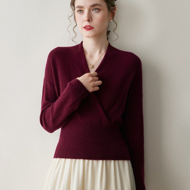 Womens Cashmere Sweater V Neck Cashmere Knit Pullover Cashmere Wrap Claret XS