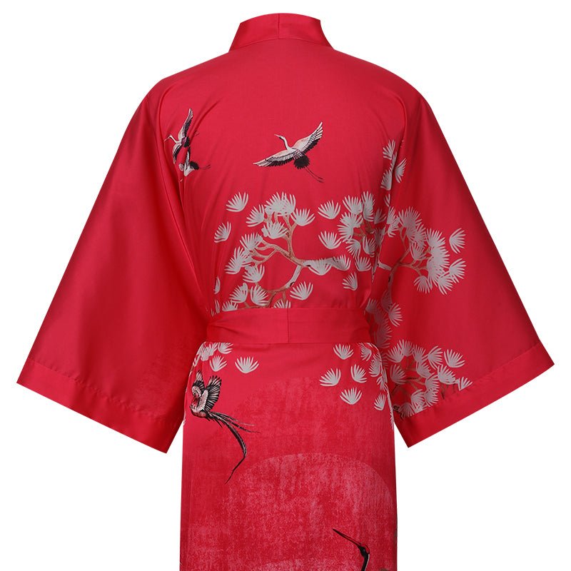 Women's Long Silk Kimono Robe with Belt Cranes Prints Landscape Painting Classic Both Robe - slipintosoft