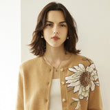 Womens Crew Neck Cashmere Cardigans Elegant Embroidery Sunflower Cashmere Coat Wool Cashmere Sweater