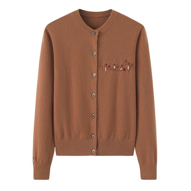 Womens Crew Neck Cashmere Cardigans Embroidery Cashmere Coat Holiday Sweater Pure Cashmere Sweater