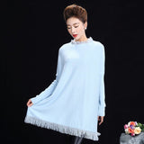 Womens Crew Neck Cashmere Dresses Long Sleeve Cashmere Sweater Dress with Tassel - slipintosoft