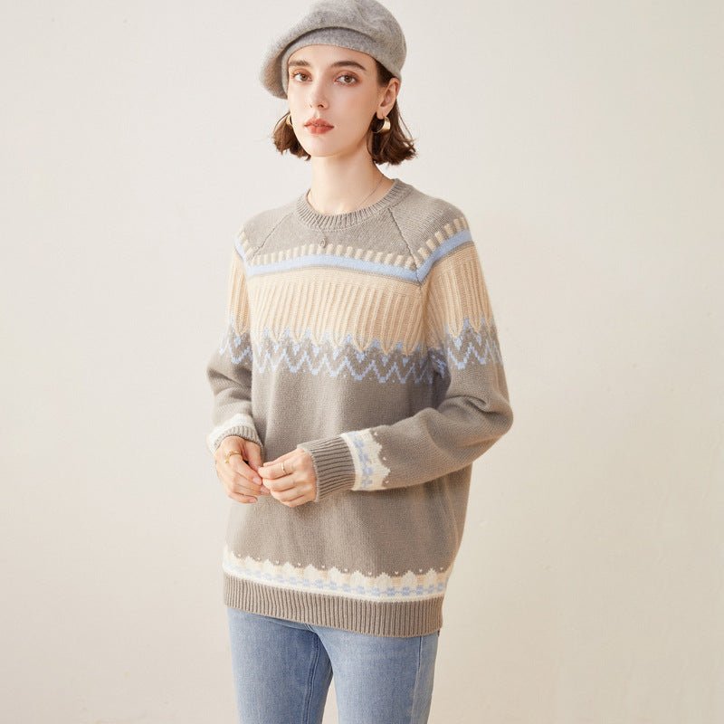 Women's Crew Neck Cashmere Sweater Knitted Mixed Color Cashmere Pullover - slipintosoft