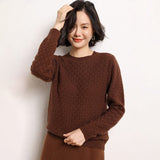 Womens Crew Neck Pure Cashmere Sweater Textured Long Sleeve Cashmere Knit Pullover Brown XS
