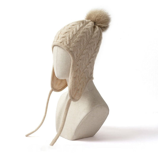 Womens Cashmere Knitted Hat with Fur Pom Cashmere Earflap Cap