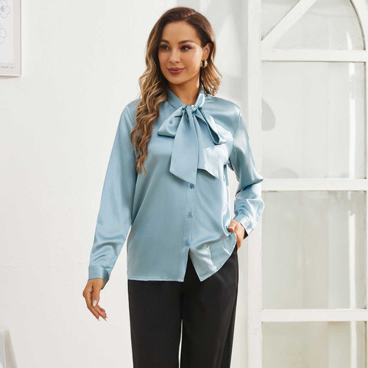 Womens Silk Blouse Long Sleeve Bow - tie Neck Silk Shirts