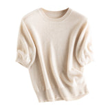 Women's Elbow Sleeve Cashmere Sweater Crew Neck Solid Knitted Cashmere Pullover - slipintosoft