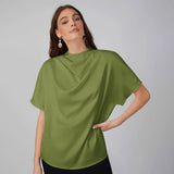 Womens Elegant 100% Mulberry Silk Blouse Short Sleeves Draped Neck Top - slipintosoft