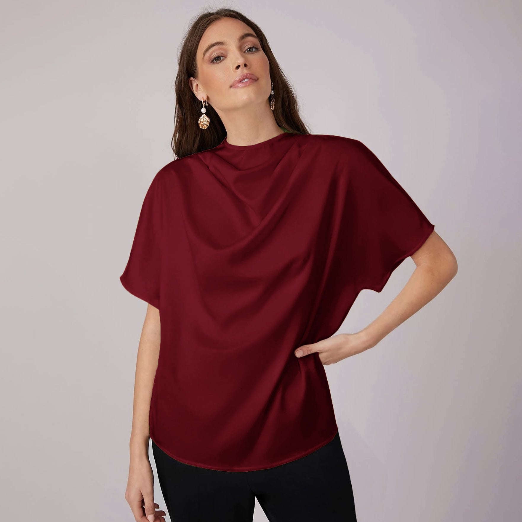 Womens Elegant 100% Mulberry Silk Blouse Short Sleeves Draped Neck Top - slipintosoft