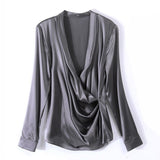 Womens Long Sleeves Loose Wrap Silk Blouse - slipintosoft