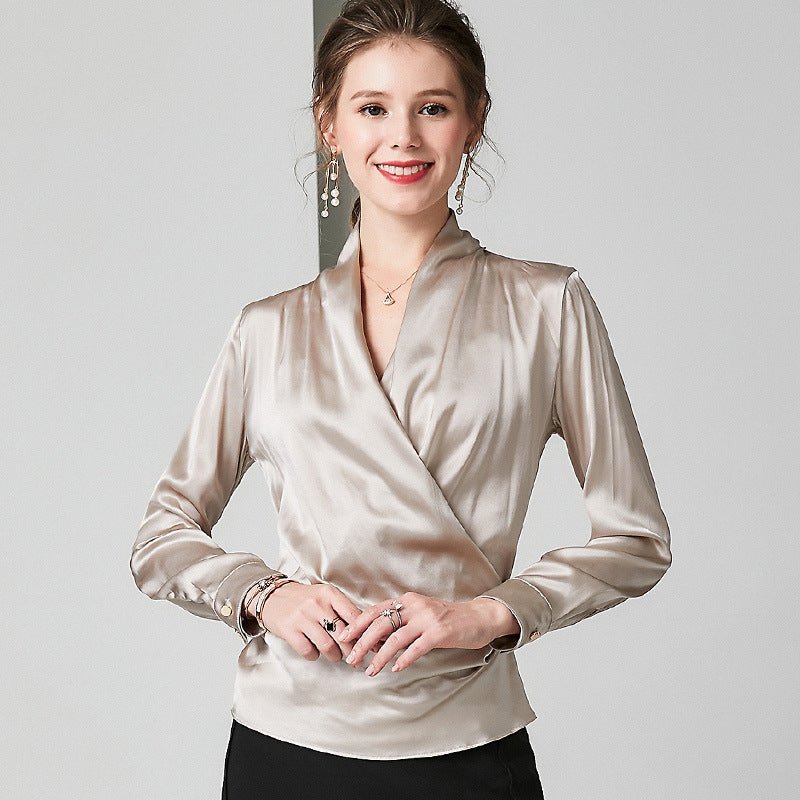 Womens Long Sleeves Loose Wrap Silk Blouse - slipintosoft