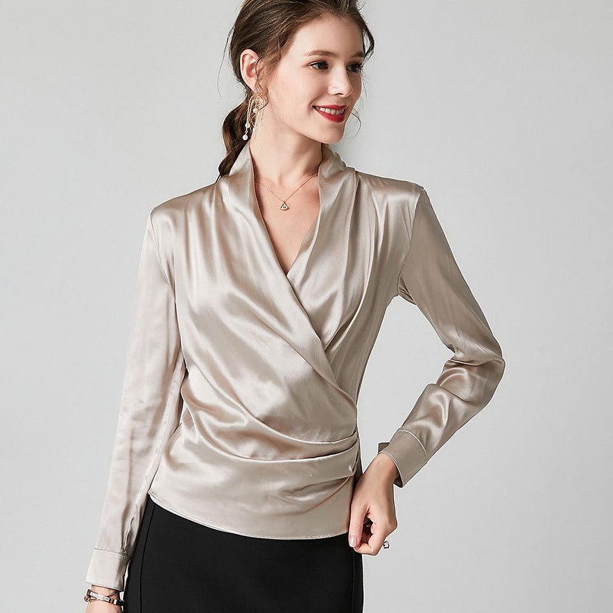 Womens Long Sleeves Loose Wrap Silk Blouse - slipintosoft