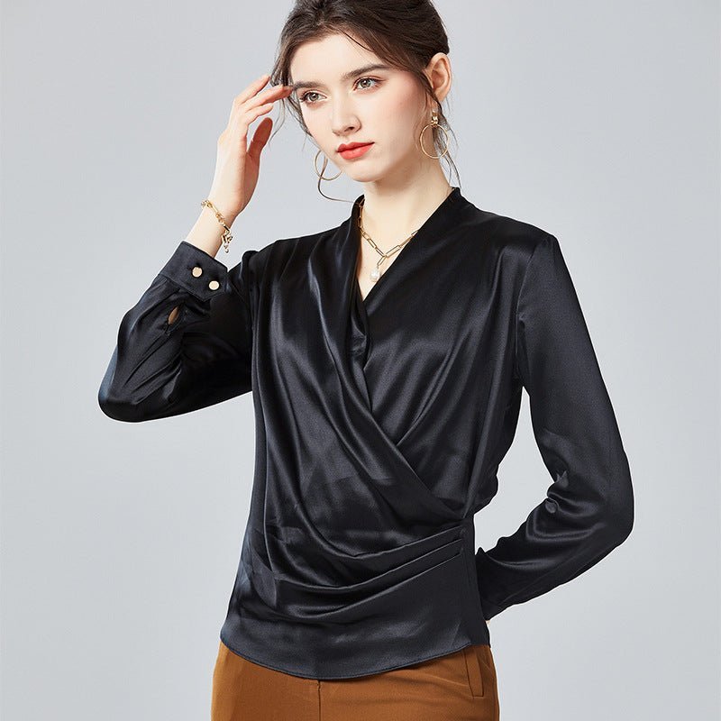 Womens Long Sleeves Loose Wrap Silk Blouse - slipintosoft