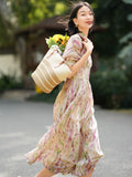 Womens Empire Waist Silk Floral Dress Flowing Sleeve Silk Maxi Dress Pink XS