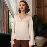 Women's Fashionable V-neck Bell Sleeve Long Sleeve Silk Blouse - slipintosoft