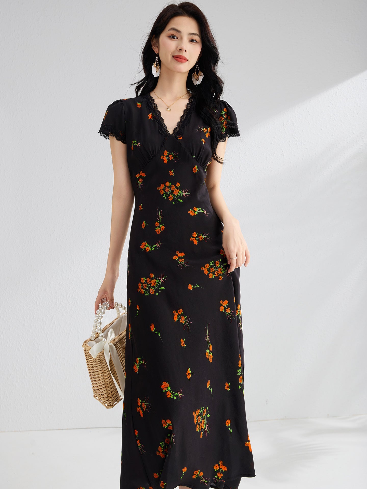 Womens Floral Print Silk Midi Dress V Neck Lace Trim A Line Silk Dress Black XS