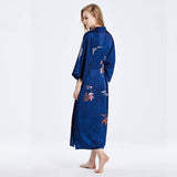 Long 100% Silk Kimono Robe Dark Blue Floral Printed  Women High Waist  Elegant Sleepwear Fancy Night Wears All Sizes -  slipintosoft