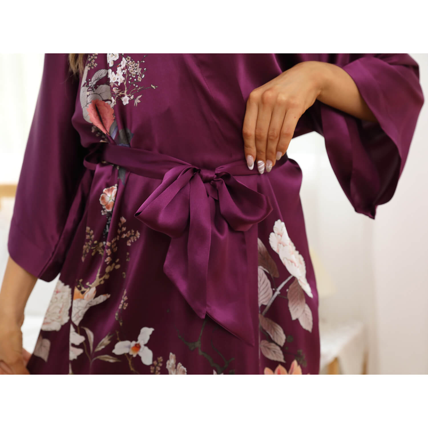 Women's Long Silk Kimono Robe Flower Print Pure Silk Robes - slipintosoft