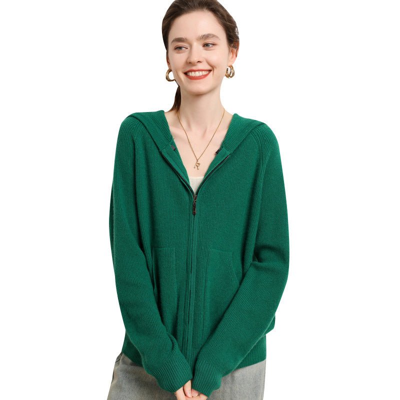 Women's Full Zip Hooded Cashmere Cardigan Long Sleeve Zip Up Cashmere Cardigan - slipintosoft