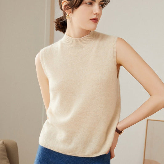 Womens Sleeveless Mock Neck Cashmere Sweater Top Cashmere Vest Tank