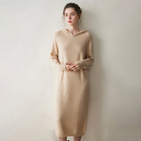 Womens Hooded Cashmere Sweater Dress Long Sleeve Cashmere Midi Dress Beige XS