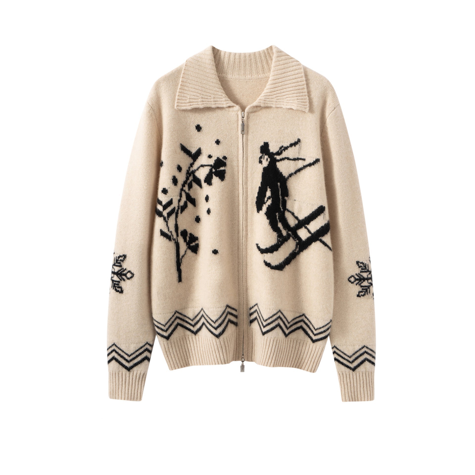 Womens Jacquard Pure Cashmere Cardigan Zip-Up Cardigan Sweater Beige XS