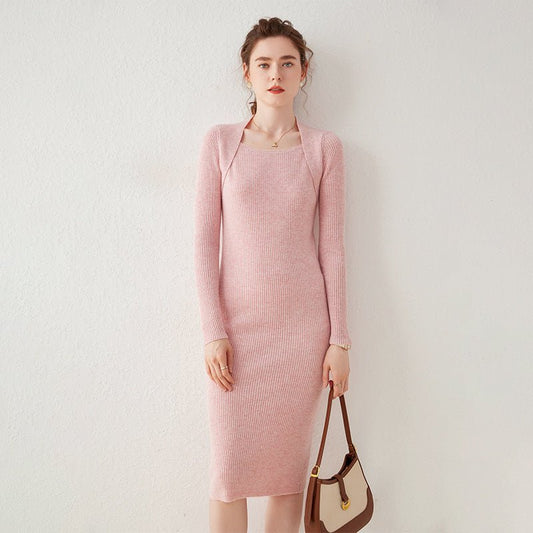 Womens Cashmere Ribbed Knit Midi Dress Long Sleeve Square Neck Dress