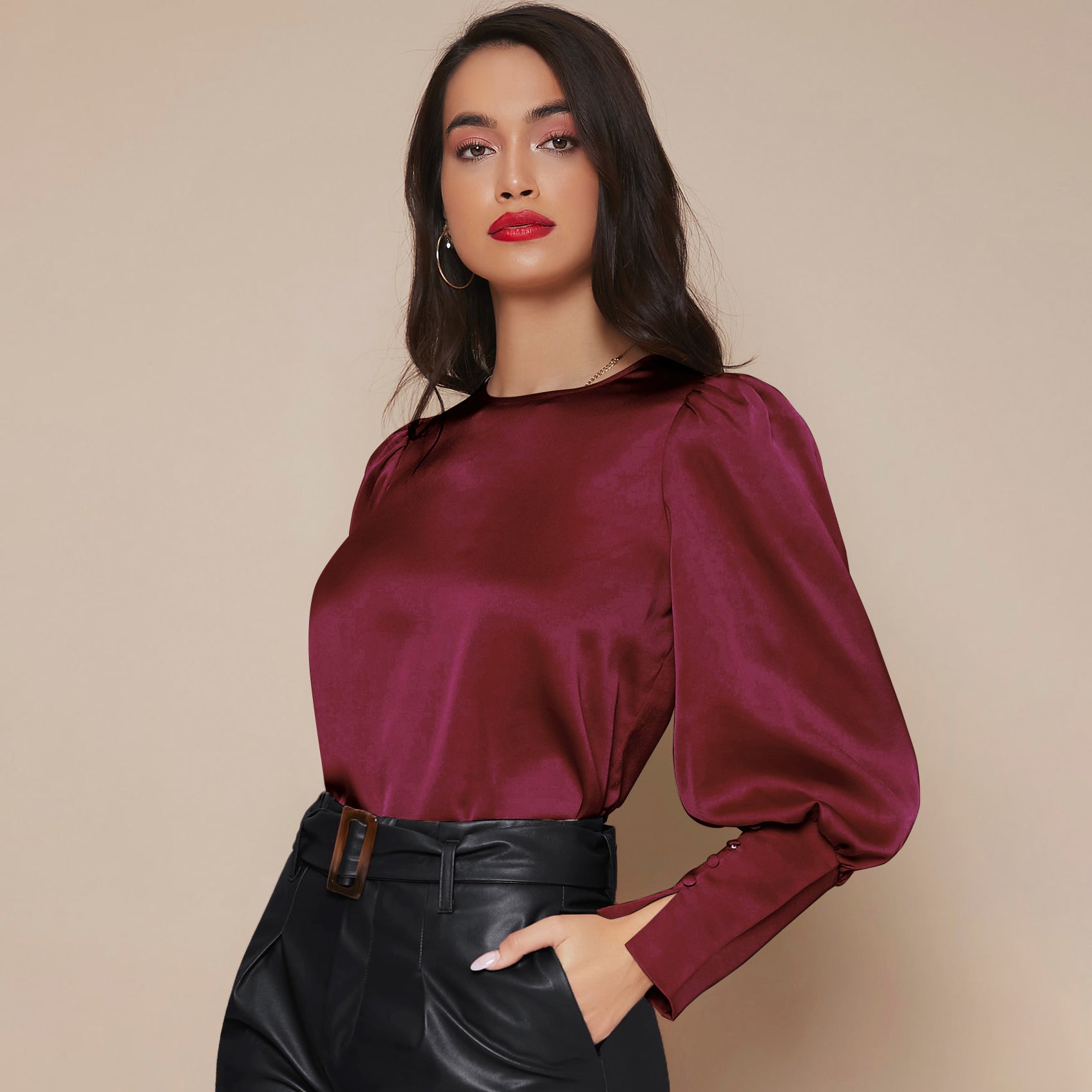 Women's Lantern Sleeve Silk Blouse Long Sleeves Silk Shirt