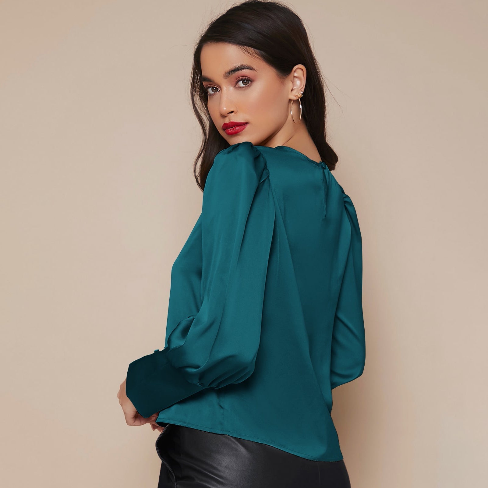 Women's Lantern Sleeve Silk Blouse Long Sleeves Silk Shirt