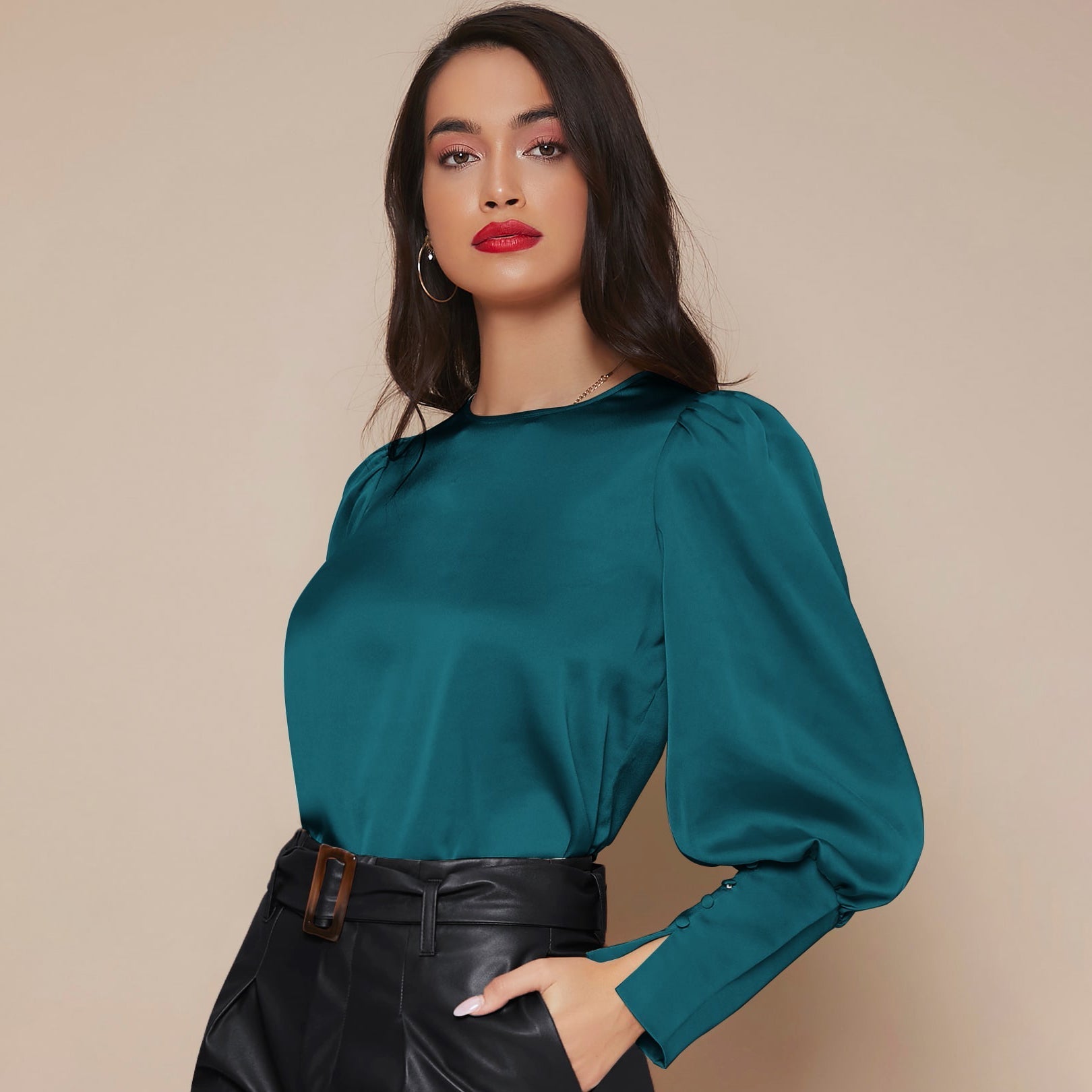 Women's Lantern Sleeve Silk Blouse Long Sleeves Silk Shirt