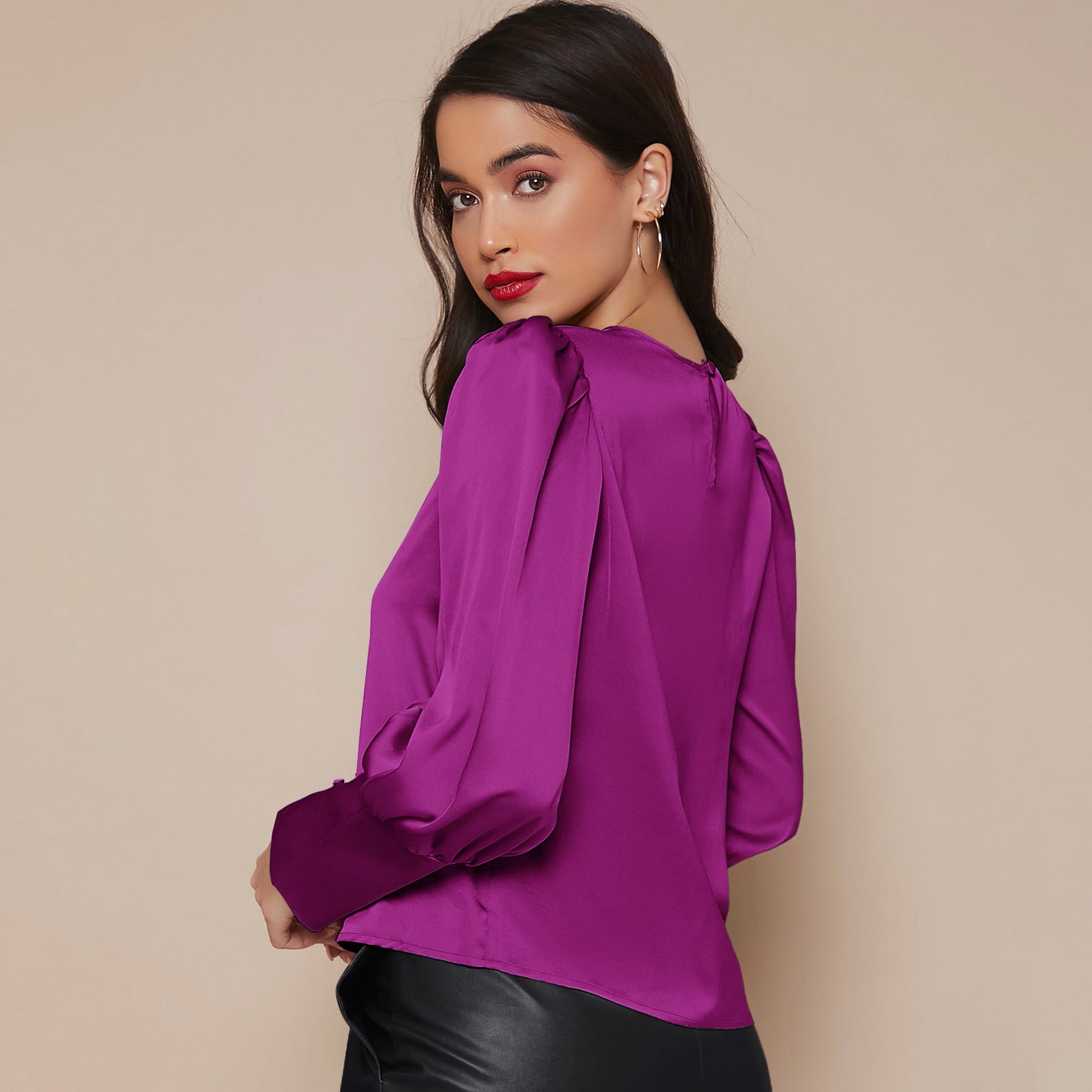 Women's Lantern Sleeve Silk Blouse Long Sleeves Silk Shirt