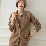 Women's Polo Neck Cashmere Cardigan Button Front Pocket Long Sleeve Cashmere Tops - slipintosoft