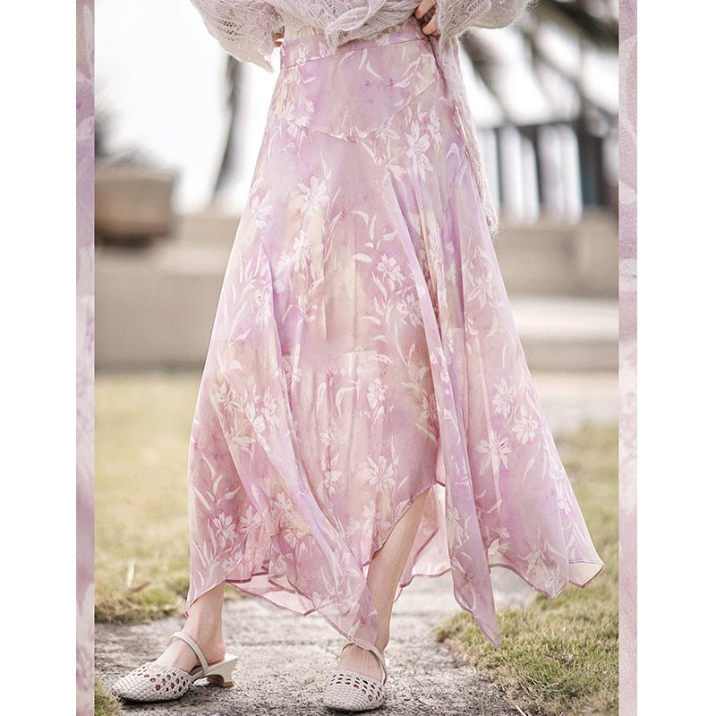 Womens Lavender Floral Silk Maxi Skirt Asymmetric Hem
