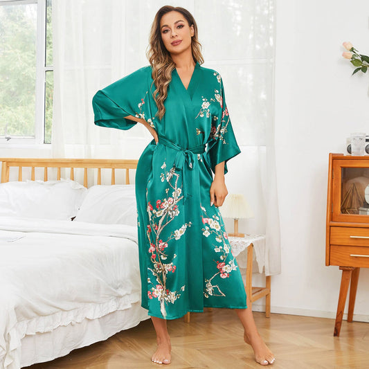 Women's Long Cherry Blossom Print Silk Kimono Robes Pure Silk Bathrobe