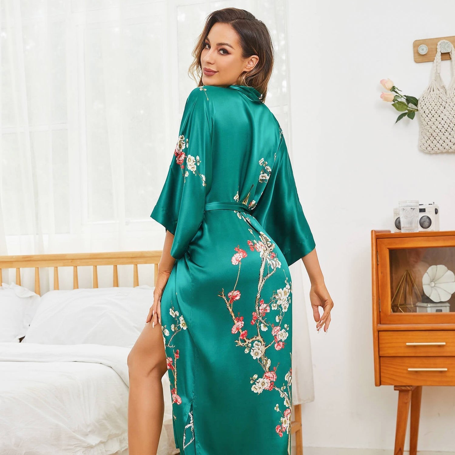 women's long Blossom Printing pure Silk Kimono Robes Silk Bathrobe - slipintosoft