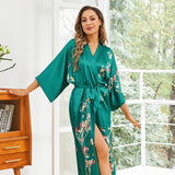 women's long Blossom Printing pure Silk Kimono Robes Silk Bathrobe - slipintosoft