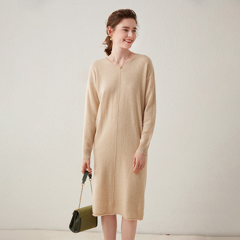 Women's Long Sleeve Cashmere Dresses V Neck Knitted Cashmere Sweater Dress - slipintosoft