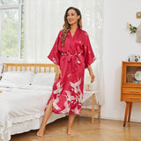 100% Silk Long Kimono Robe with Belt Women's Nighties Crane Prints - slipintosoft