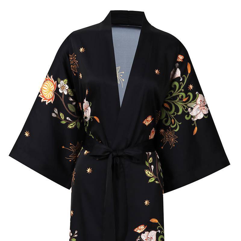 women's long floral pure silk Kimono Robes Silk Dressing Gown