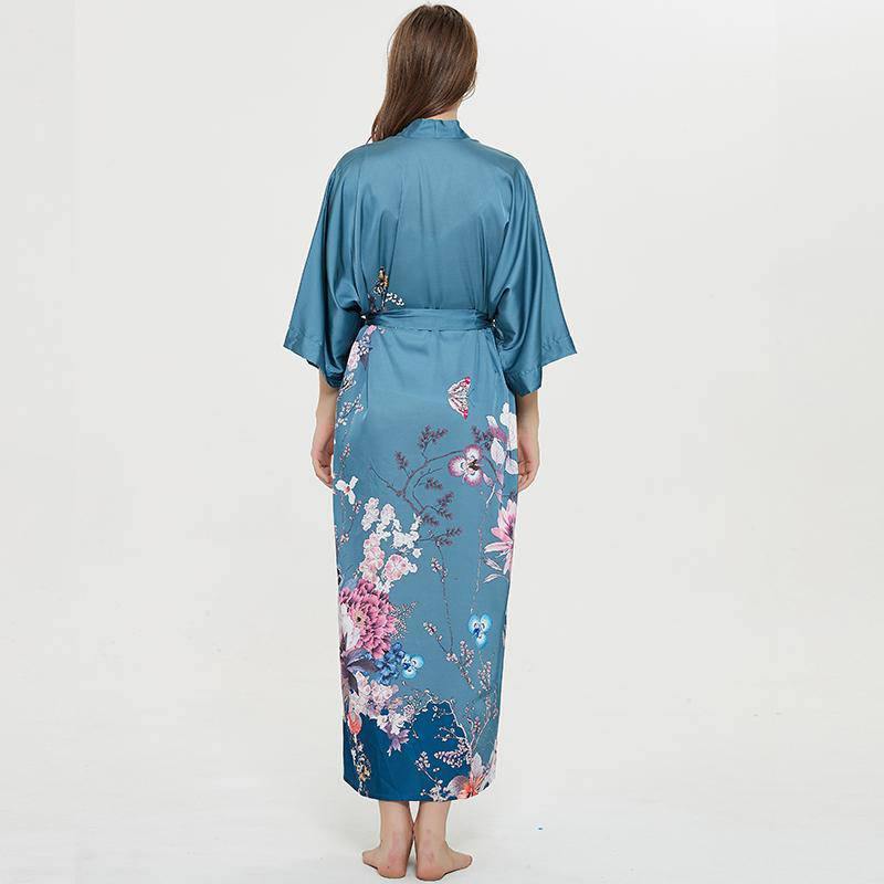 Women's 100% Silk Kimono Robe Blue Floral Printed 3/4 Sleeves Japanese Bath Robes All Sizes - slipintosoft