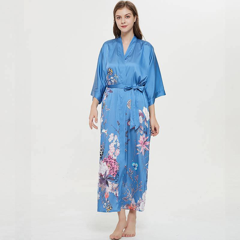 Women's 100% Silk Kimono Robe Blue Floral Printed 3/4 Sleeves Japanese Bath Robes All Sizes - slipintosoft