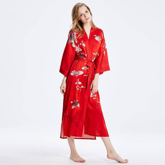 Long 100% Silk Kimono Robes lotus silk clothes Red Lotus Personalized Bride Japanese High Waist Sleepwear for Women -  slipintosoft