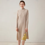 Womens Mock Neck Cashmere Dress Cashmere Midi Dress Bottom Dress Beige XS