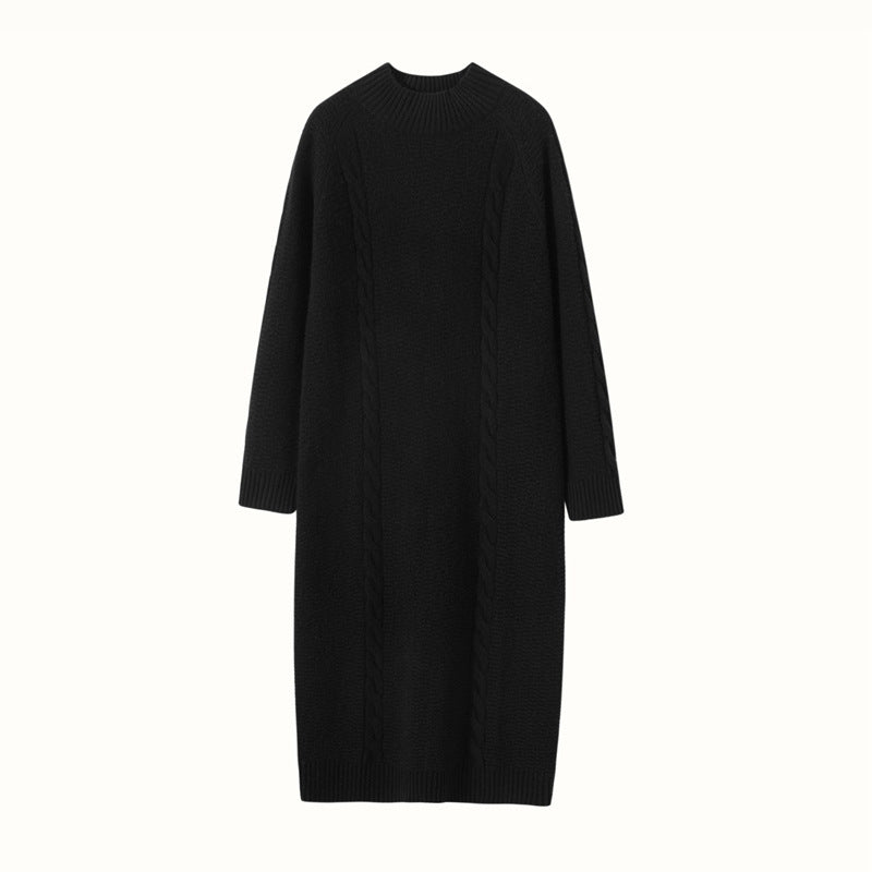 Womens Cashmere Cable Knit Midi Dress Long Sleeve Mock Neck Dress