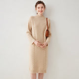 Womens Cashmere Cable Knit Midi Dress Long Sleeve Mock Neck Dress