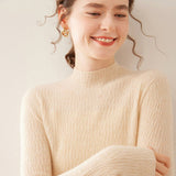 Womens Mock Neck Cashmere Ribbed Sweater Cashmere Pullover Beige XS