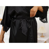 Women Silk Kimono Robe Long Bridesmaid Robe with Lace Trim - slipintosoft