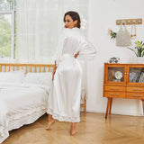 Women Silk Kimono Robe Long Bridesmaid Robe with Lace Trim - slipintosoft