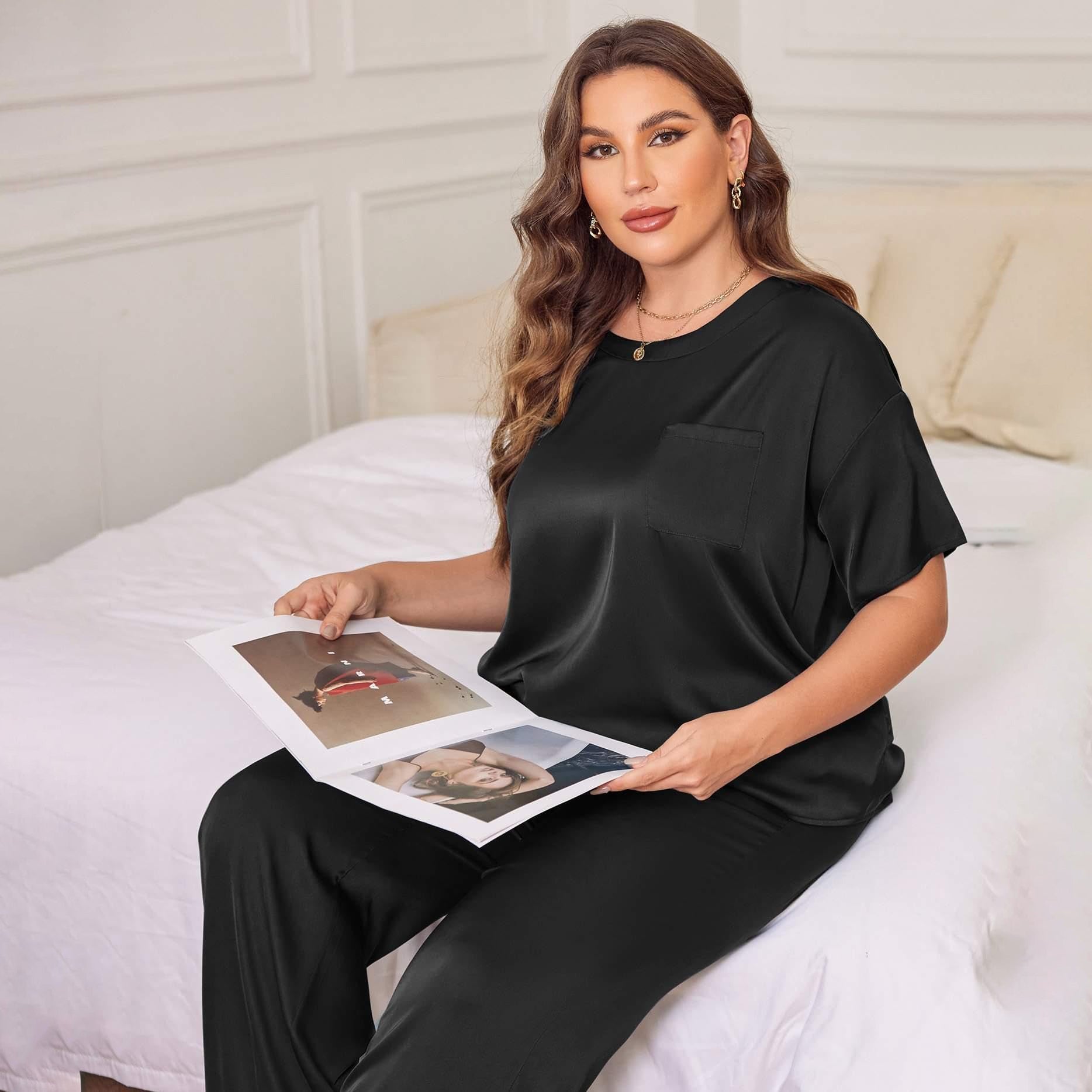 Plus Size Women's Silk Pajamas Set Short Sleeve Long Pants Silk Sleepwear - slipintosoft