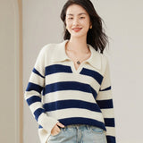 Women's Polo Cashmere Sweater Wide Striped Drop Shoulder Pullover Tops - slipintosoft