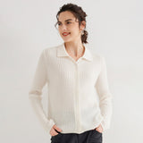 Womens Pure Cashmere Cardigan Cable Knit Button Front Polo Neck Cashmere Sweater Ivory XS